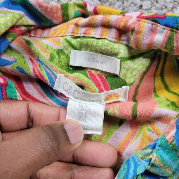 C&C California Shirt Womens Small 100% Linen Short Sleeve Button Front Floral - Picture 2 of 6